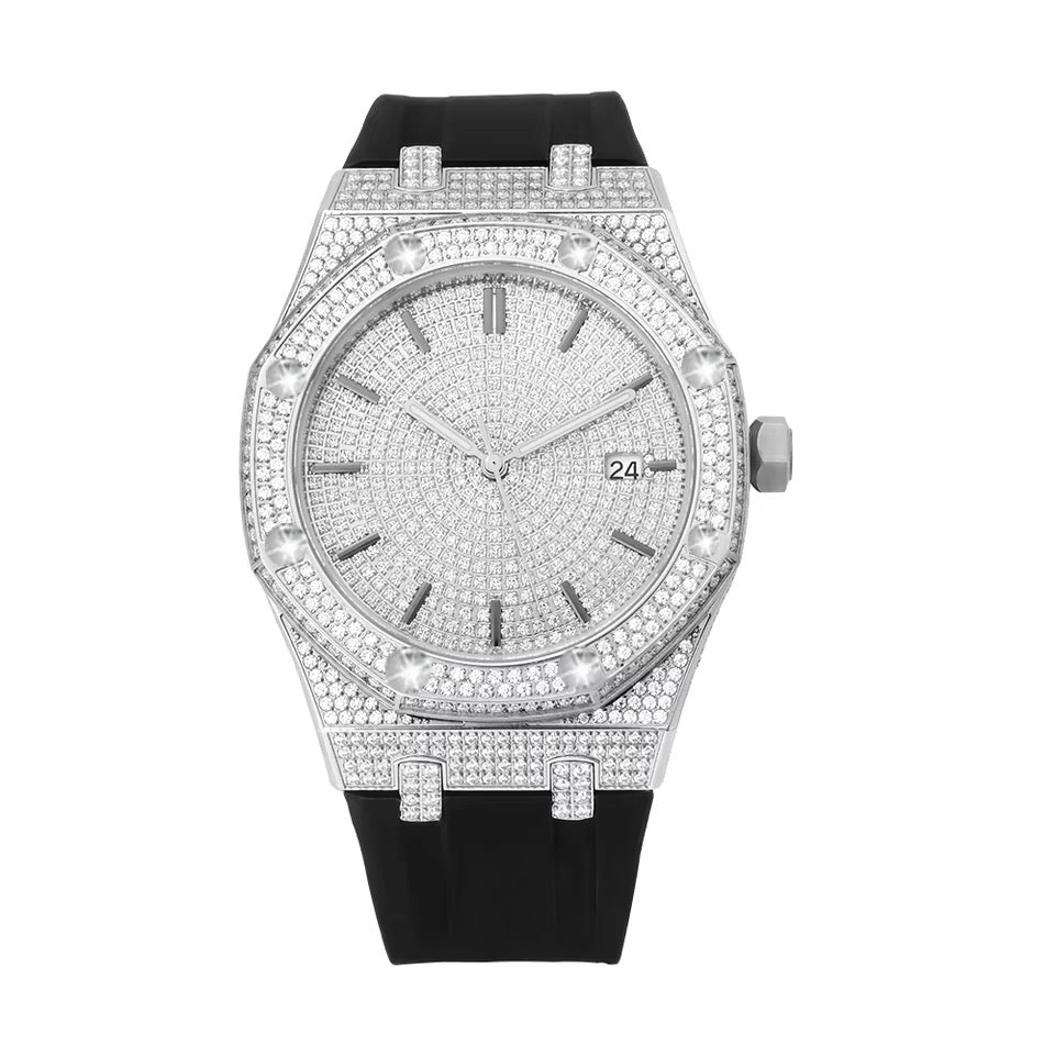 8.5 CT Moissanite Iced-Out Silicone-Band Watch — Silver/Gold