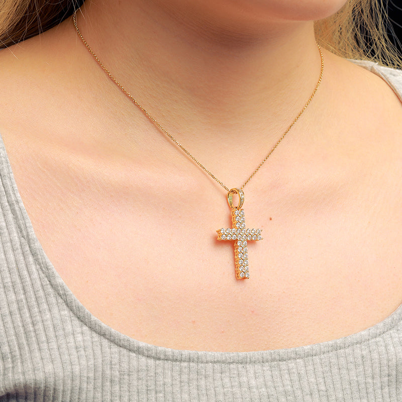 925 Sterling Silver Two Row VVS Moissanite Diamond Cross Pendant Necklace With Chain