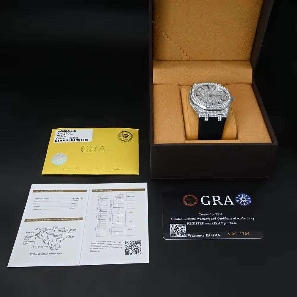 8.5 CT Moissanite Iced-Out Silicone-Band Watch — Silver/Gold