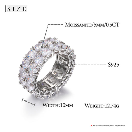 🔥925 Sterling Silver 2 Rows 5mm VVS Moissanite Diamond Clustered Engagement Ring For Men🔥