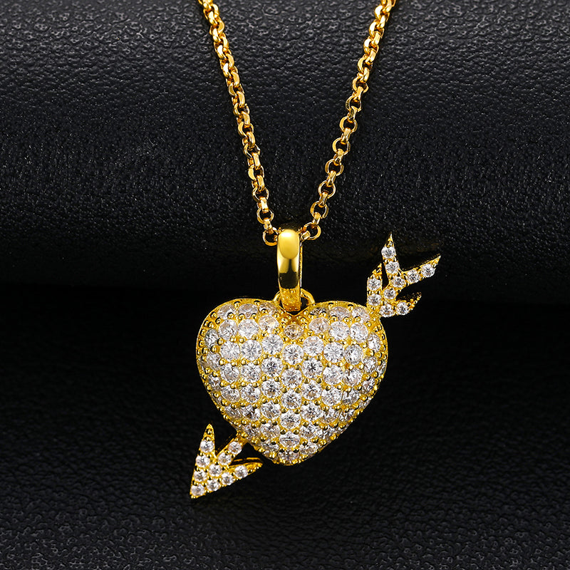 🔥925 Sterling Silver Pendant Necklace Iced Out Heart Cupid's Arrow Pendant VVS D Color Moissanite Diamond Jewelry Gold Plated🔥