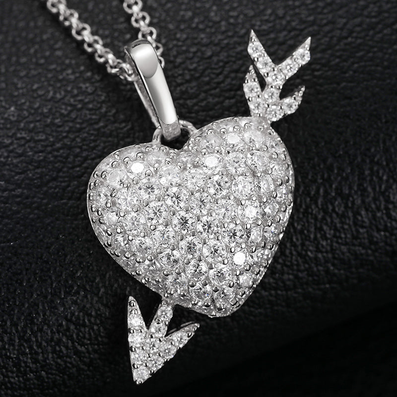 🔥925 Sterling Silver Pendant Necklace Iced Out Heart Cupid's Arrow Pendant VVS D Color Moissanite Diamond Jewelry Gold Plated🔥