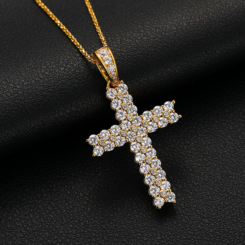 💯925 Sterling Silver Two Row VVS Moissanite Diamond Cross Pendant Necklace With Chain💯