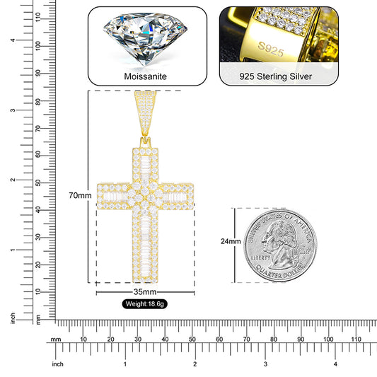 💯925 Sterling Silver VVS Baguette Moissanite Diamond Iced Out Cross Pendant Necklace💯