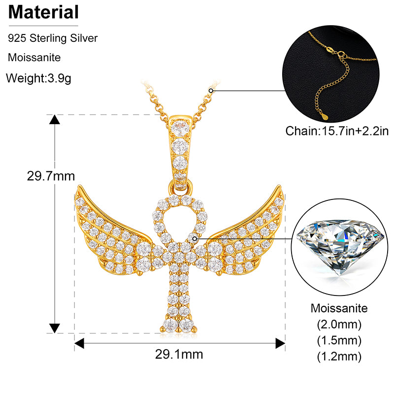 💯925 Sterling Silver VVS Moisasnite Diamond Wing Ankh Cross Pendant Necklace💯