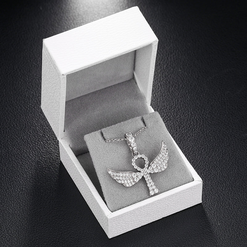 💯925 Sterling Silver VVS Moisasnite Diamond Wing Ankh Cross Pendant Necklace💯