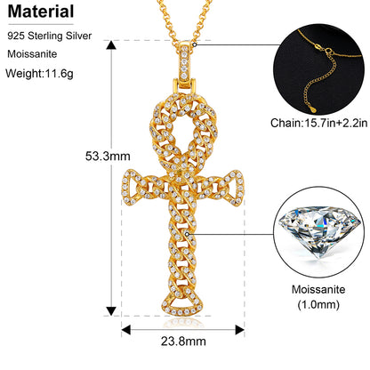 💯925 Sterling Silver VVS Moissanite Diamond Ankh Cross Pendant Necklace💯