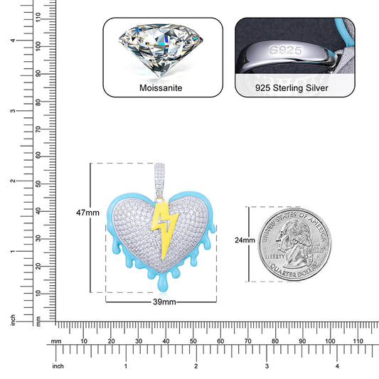 💯925 Sterling Silver VVS Moissanite Diamond Iced Out Lightning Heart Pendant For Men & Women💯