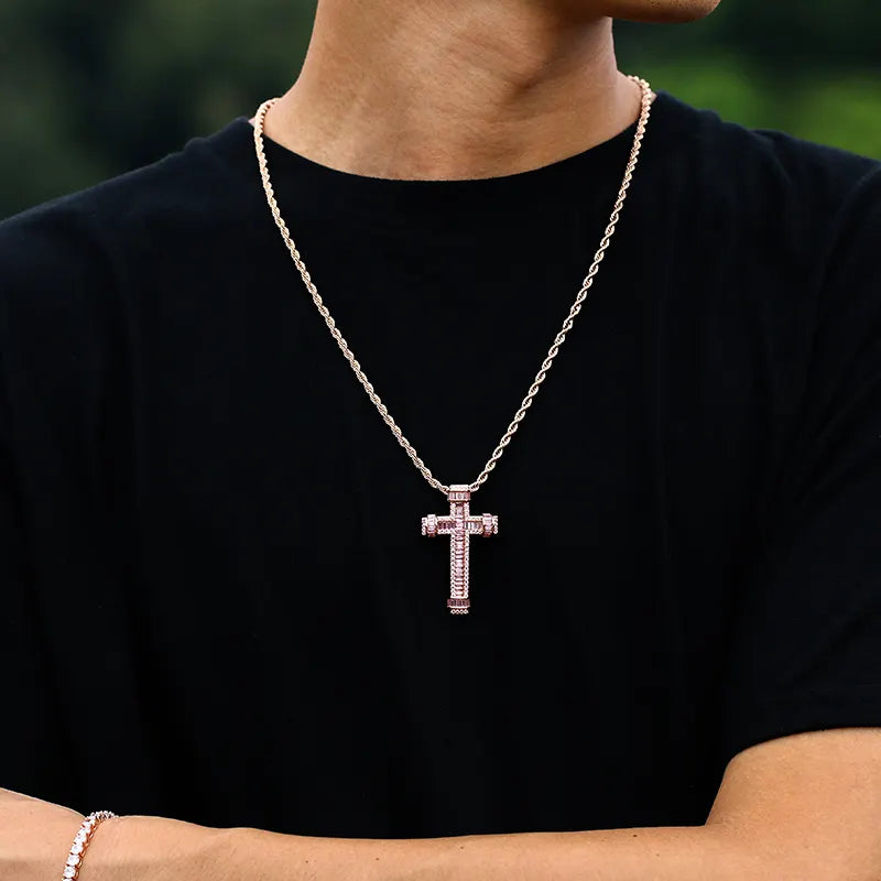 🔥High Quality Christian Jewelry Pink CZ Diamond Cross Pendant For Men/Women🔥