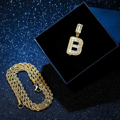 🔥18K Gold Plated Brass Initial Pendant Necklace Baguette Iced Out Zircon Letter Pendant with Rope Chain🔥