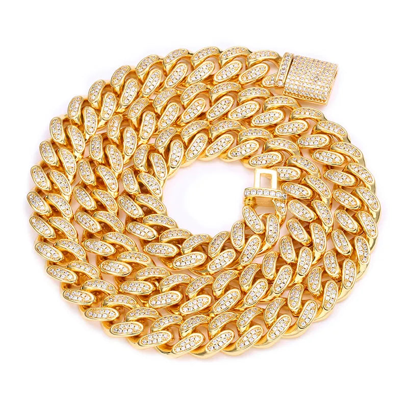 12mm 18K Gold Plated AAAAA Zircon Diamond Iced Out Cuban Link Chain Necklace For Men