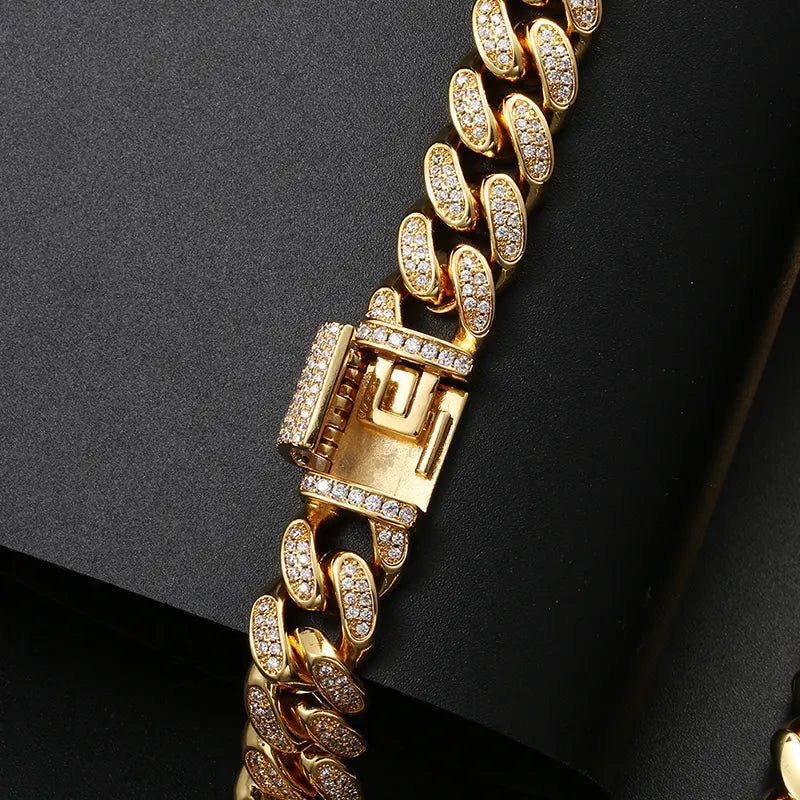 💯12mm 18K Gold Plated AAAAA Zircon Diamond Iced Out Cuban Link Chain Necklace For Men💯