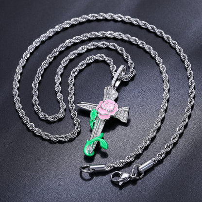 💯Glowing 925 Sterling Silver VVS Moissanite Diamond Rose Flower Cross Pendant💯