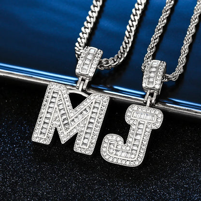 🔥18K Gold Plated Brass Initial Pendant Necklace Baguette Iced Out Zircon Letter Pendant with Rope Chain🔥