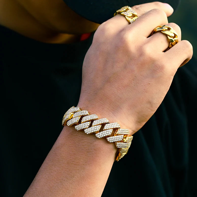 🔥Pulseira Gold Vermeil Jewelry 20mm Chunky Cuban Link Bracelet Iced Out Zircon Bracelet🔥