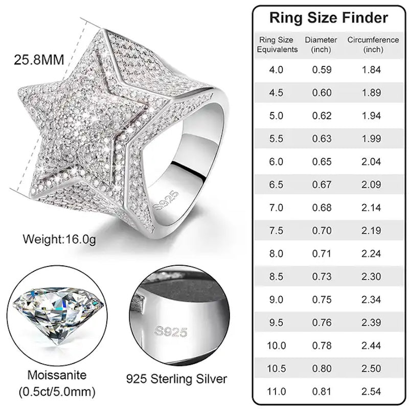 💯Moissanite Diamond Star Jewelry Iced Out 925 Sterling Silver VVS  Ring For Men & Women💯